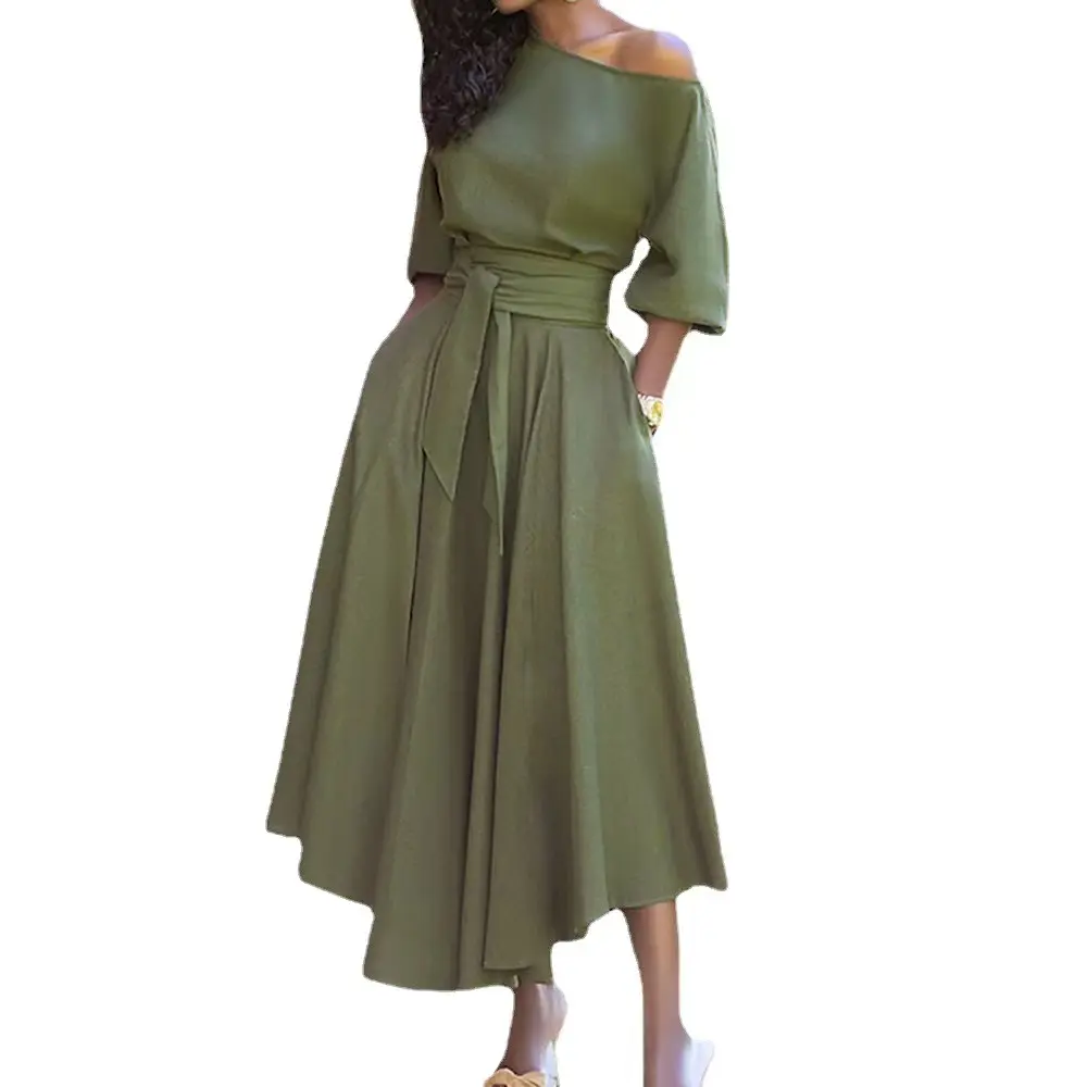 2022 new women's Europe and the United States lace-up waist five-point sleeve oblique shoulder dress temperament long skirt