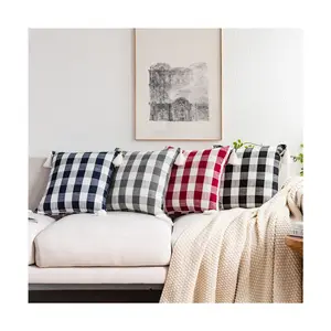 Sofa Home Decoration White Tassels Cushion Covers Modern Soft Yarn Dyed Check Fabric Pillow Cover