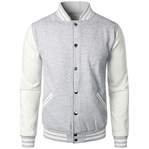 Veste universitaire grise et blanche pour homme, col rabattu décontracté, coupe régulière, polyester et coton, fermeture à boutons, automne - Product Image 1