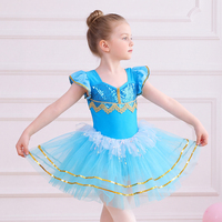 Justaucorps Tutu de Ballet pour Filles, à Paillettes, Manches Courtes Bouffantes, Bordure en Dentelle Dorée, Robe de Princesse en Tulle Multi-Couches, pour Enfants, Entraînement Quotidien et Scène