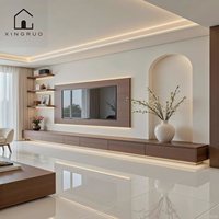 Meuble mural TV moderne personnalisé XINGRUO avec panneau média en grain de noyer, étagères ouvertes et rangement LED