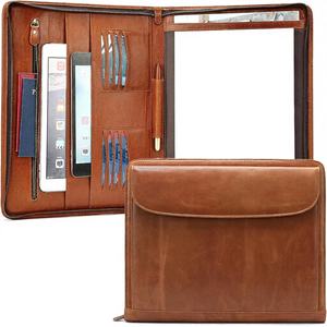 Portafolio Unisex de Cuero Genuino, Carpeta Organizadora con Cierre para Hombres y Mujeres, Portafolio para Currículum, Carpeta para Reuniones A4, Carpeta de 13 Pulgadas, Color Marrón - Product Image 1