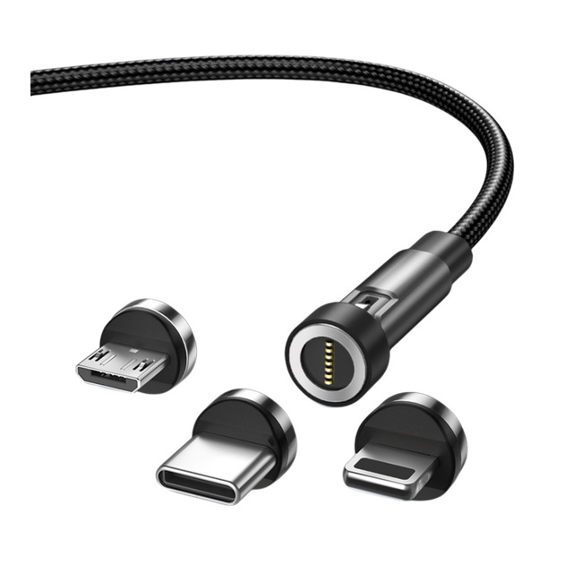 3 in 1 Magnetic Cable Nylon Braided Fast Charger 540 Degree Rotating Magnetic Type C Phone Charging Cable
