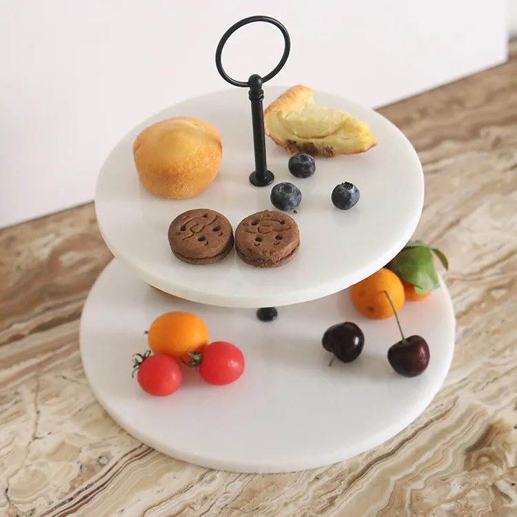 Hoge Kwaliteit Luxe Set Kaas Servies Natuurlijke Wit Marmer Twee Tier Cake Stand