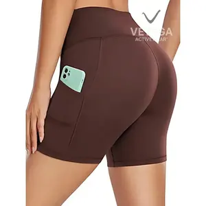 Shorts de Yoga Vetega de Cintura Alta para Mujer, Color Café Integral, Secado Rápido, Transpirables, Absorben la Humedad, Ajuste Holgado con Bolsillo, 92% P - Product Image 3