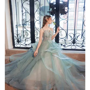 Hot Sale Fashion Breathable Lace Up Playful Green Lace Sequin Sling Bridal Wedding Toast Dress Banquet Evening Dress