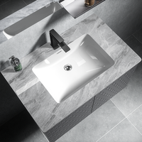 Meuble-lavabo de salle de bain gris foncé ultra-plat suspendu avec panneaux géométriques en relief et miroir LED à capteur tactile