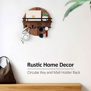 Wooden Wall Mounted <b>Shelf</b> Round 2 Tier Entryway Key Storage Rack With <b>Hooks</b> For Living Room Home Organization - Product Image 3