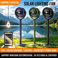 Ventilateur portable solaire rechargeable, double mode, utilisation sur table ou au sol, lumière LED nocturne, charge d'urgence, ventilateur de camping extérieur
