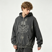 Sweat à capuche zippé gris foncé épais, effet vintage, graphique flamme vieilli, délavage acide, streetwear, coton molletonné délavé soleil