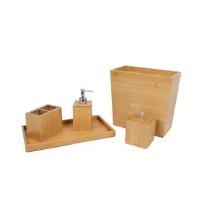 Juego de accesorios de baño de bambú de 5 piezas con bote de basura de bambú, caja de aseo, soporte para cepillo de dientes, dispensador de jabón, toalla de madera completa