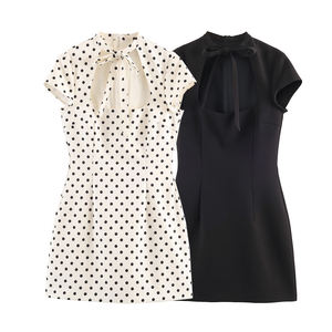 Robe Courte à Pois Personnalisée Printemps 2026, Style Vintage Décontracté avec Détail Nœud et Découpes, Manches Courtes, OEM/ODM par Usine de Vêtements Chinoise - Product Image 1