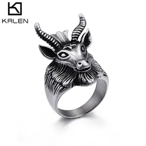KALEN-anillo de acero inoxidable con cabeza de Animal para motorista, joyería Vintage, dominador de Satán, cabra, oveja, Animal, para hombre