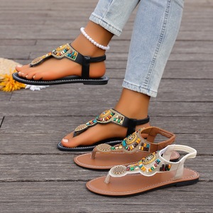 Women Bohemian Beaded Flat <b>Sandals</b> <b>Elastic</b> Ankle Strap Clip Toe Summer Beach Casual Footwear - Product Image 1