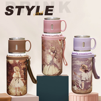 Termo de Acero Inoxidable con Aislamiento al Vacío, Diseño Vintage de Pintura al Óleo de Niña, 600 ml, Tapa en Forma de Tazón, Botella de Agua con Asa