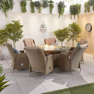 Silla y mesa de mimbre natural para exterior con balcón de fábrica, juego de comedor de ratán de 6 asientos Carolina para jardín con fogata de gas rectangular