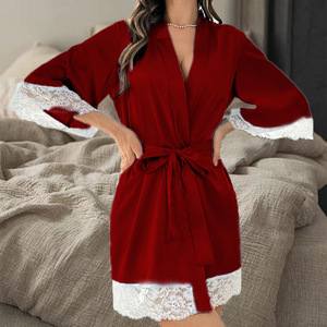 Robe en satin rose pour femme avec ceinture à nœud en dentelle, lingerie sexy, style court - Product Image 2