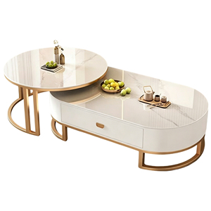 Ensemble de tables basses ovales modernes en métal et pierre frittée, luxe abordable, pour salon d'appartement - Product Image 5