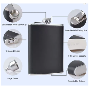 กระติกน้ำสุราพกพาขนาดเล็ก 8 ออนซ์ ทำจากหนัง PU สีดำ พร้อมกระบอกสแตนเลส เหมาะสำหรับเดินทางกลางแจ้ง - Product Image 4