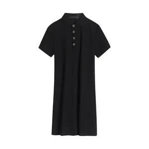 2024 sürümü POLO yaka kısa kollu Ethos Celeb zayıflama bel küçük siyah elbise kadın yaz yeni kore pamuk spor elbise