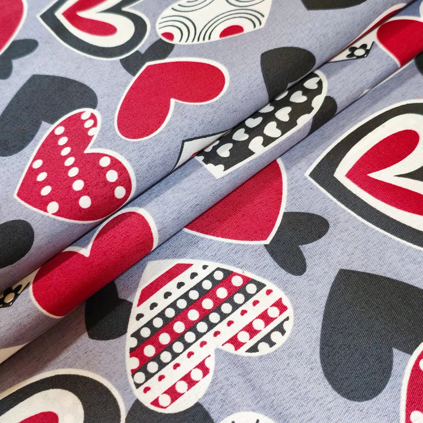 Breathable Brushed Fabric with Multicolored Hearts on Grey Background, Direct From Main Source, Wholesale Offered