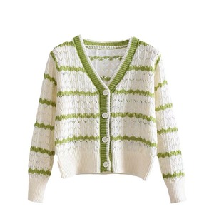 Zhan Ya Women's V-Neck Hollow Knit <b>Cardigan</b> Loose Striped Full Sleeve <b>Spring</b> Korean Style Breathable Sweater - Product Image 5
