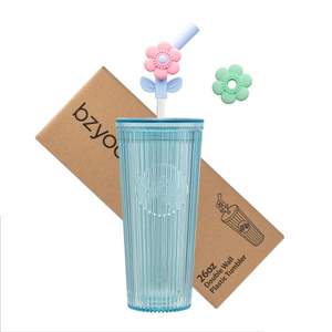 Vaso azul de 26oz con pajita de flores, regalo de plástico para adultos, lavavajillas sin BPA, seguro, duradero y sostenible - Product Image 5
