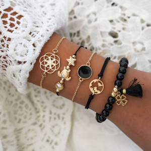 Fashion Jewelry Sets Women's Bohemia Style Gold Plated Alloy <b>Bracelets</b> With Tassel Map <b>Turtle</b> Charm 5pcs Set - Product Image 1
