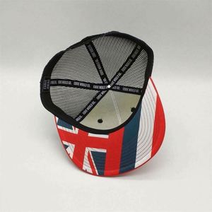 หมวกแก๊ป Snapback คุณภาพสูงแบบ Sublimation, หมวกแฟชั่นทรง Trucker 5 แผง ปีกแบน, หมวก Snapback พิมพ์ลายธงชาติอังกฤษใต้ปีกหมวก - Product Image 6