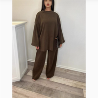 Abaya en tricot modeste, haut et pantalon en velours côtelé, couleurs unies, col rond, manches longues, pour l'automne/hiver, style Dubaï Moyen-Orient