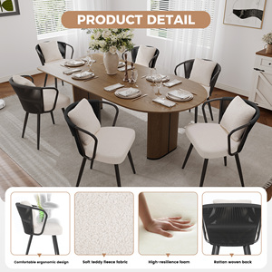 Chaise de salle à manger ergonomique moderne et respirante, avec dossier artisanal en corde tressée, assise en polaire Teddy et pieds réglables - Product Image 4