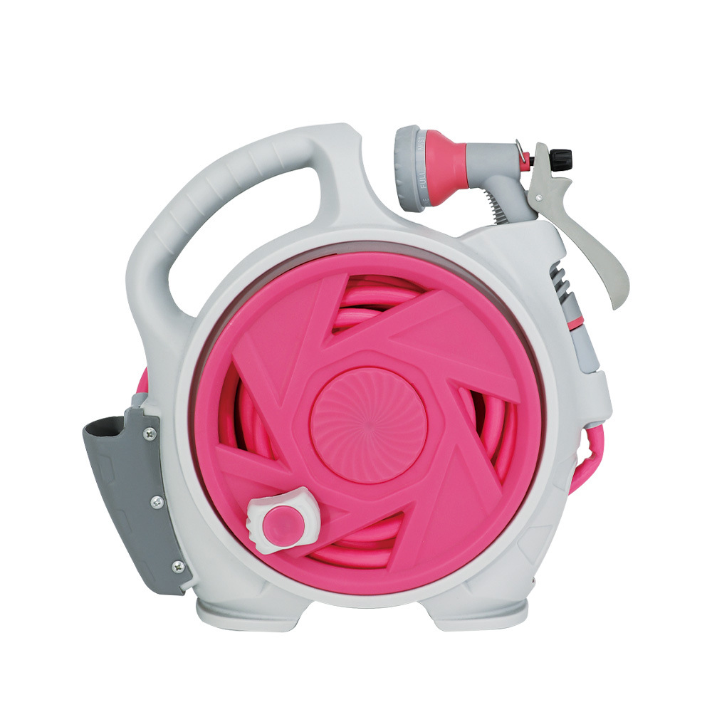 Pink Portable Hose Reel Cart with 14m Hose 7-Pattern Spray Gun Garden Watering System