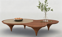 Table basse rustique en bois recyclé avec design nuage en béton et plateau en cuir de selle sur pieds en acier