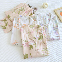 Pyjama Femme à Manches Longues en Satin Rayonne de Haute Qualité, Imprimé Floral, Col Revers, Doux Poudre Légère Romantique pour Usage Domestique