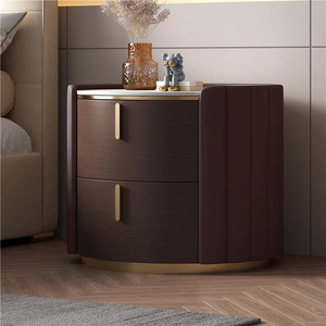 Table de chevet en bois massif ronde de luxe légère, style minimaliste, design haut de gamme, en cuir et en pierre - Product Image 3