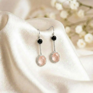 Pink <b>Rose</b> Quartz <b>Black</b> Obsidian Earrings Featuring Oval and Round Faceted Gemstone Drop Design in Sterling Silver or Gold Filled - Product Image 3