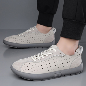 Chaussures de marche pour hommes en cuir respirant à lacets, style rétro, bout rond, semelle intermédiaire en EVA, semelle extérieure en caoutchouc, couleur unie - Product Image 2
