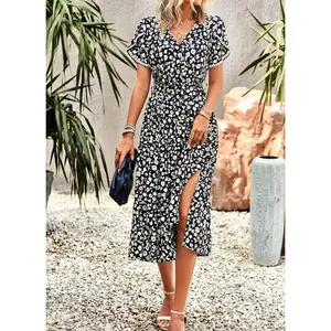 Bohemian Floral Casual Rüschen gürtel mit V-Ausschnitt A-Linie Plissee Saum Swing Midi Sun Dress Kleider Frauen sexy