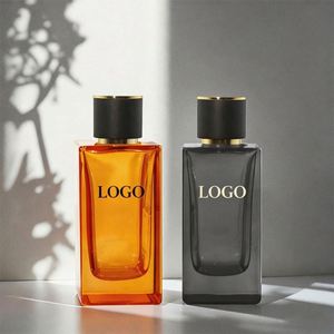 Customized Logo Mens Square 30ml 50ml 100ml Empty Amber & Grey Glass Perfume Bottle with <b>Pump</b> Sprayer, Black Cap & Gold Trim - Product Image 2