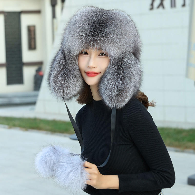 Winter Women's 100% Real Silver Fox Fur Bomber Hat Raccoon Fur
