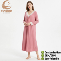 Chemise de nuit pour femme 2026, pyjama de luxe en modal à manches longues avec dentelle, ensemble de pyjama personnalisé à col en V pour femme