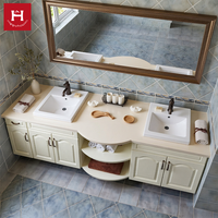 Kabinet Kamar Mandi Gaya Amerika Happy Houses, Terpasang di Dinding, Custom, Kayu Solid Putih, Wastafel Ganda, Rak Lengkung Terbuka untuk Villa