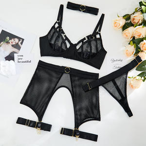 Conjunto de lencería Sexy de 3 piezas para mujer, con malla que se ve a través de todo el negro, sujetador calado, Panty - Product Image 6