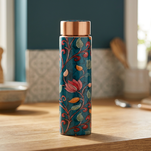 Thermos en cuivre à motif floral avec couvercle, bouteille d'eau portable de voyage - Product Image 1