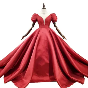 Haute qualité col en v profond rouge Satin formelle robe de bal pour les femmes robes de soirée avec manches courtes plissé parole longueur robes 2024