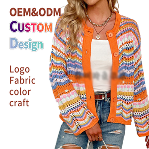 Suéter Cárdigan <span class=keywords><strong>de</strong></span> Lana <span class=keywords><strong>de</strong></span> Alta Calidad con <span class=keywords><strong>Rayas</strong></span> <span class=keywords><strong>de</strong></span> Arcoíris, Suéter Cárdigan Ligero y Ajustado Personalizado para Mujer - Product Image 1