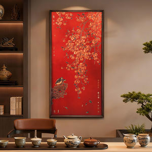 Nouvelle peinture décorative florale rouge chinoise, salon, bureau, suspendue, haut de gamme, artisanale, atmosphérique, sculpture au chisel en laiton - Product Image 3