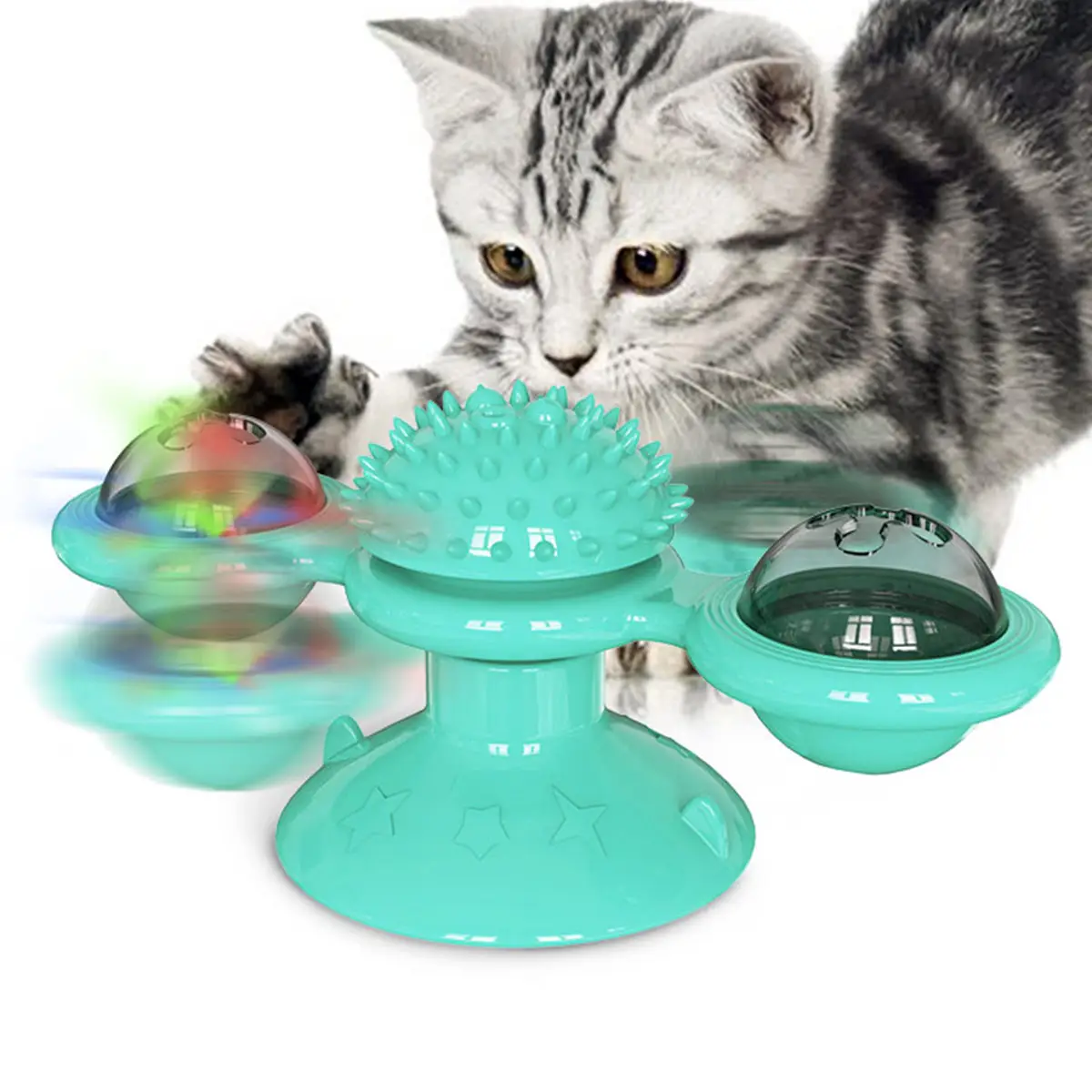 mobile interactive funny revolving turntable windmill cat puzzle rotatable teeth clean kitten pet toys with led light glow ball