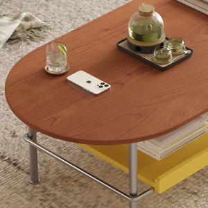 Wood Coffee Table Oval Stainless Steel Frame Storage <b>Shelf</b> Living Room Furniture - Product Image 2