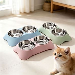 Stainless Steel Double Bowl <b>Cat</b> <b>Feeder</b> Large Size 34x20x6.5cm Anti-Tip Design For Indoor Pets - Product Image 1